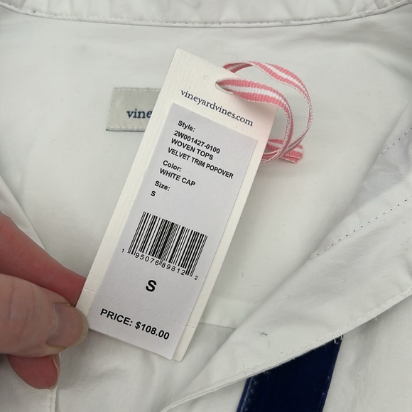 Vineyard Vines Velvet Trim Popover Long Sleeve V-Neck Top Blouse White Blue - Picture 11 of 12